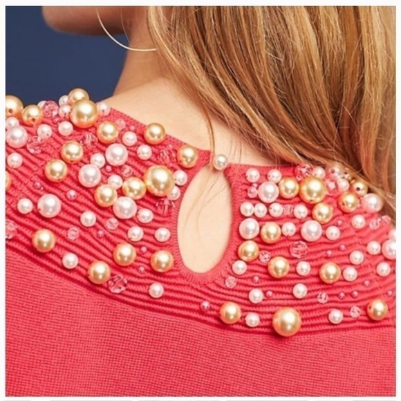 Anthropologie Moth‎ Brienne Pearl Holiday Sweater in Red, Size Medium - Picture 11 of 14